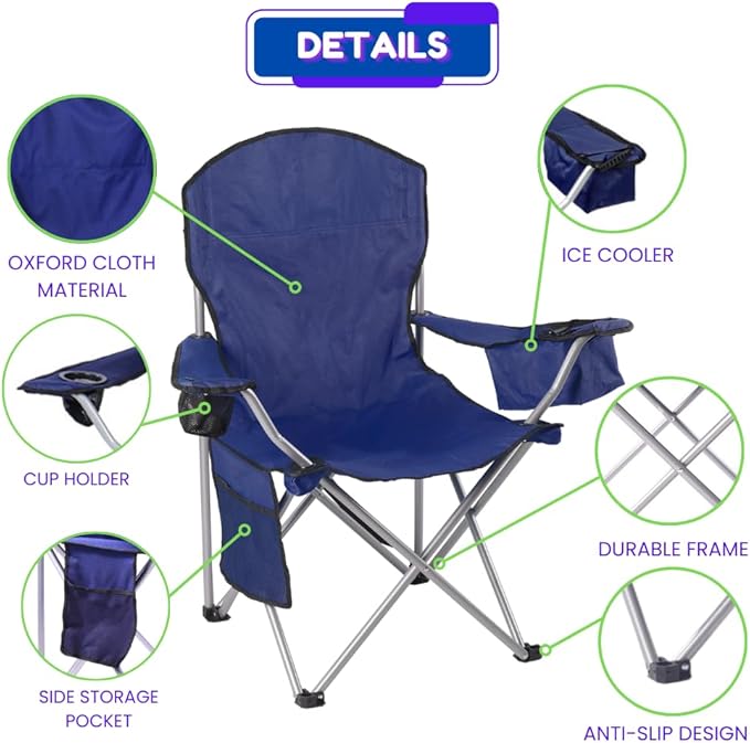 EZONE 2-Pack Camping Chairs with Built-in Ice Cooler, Portable Chair, Storage Pocket, Cup Holder, and Carry Bag Perfect for Camping, Tailgating, Fishing, Beach, and Lawn (2, Navy)