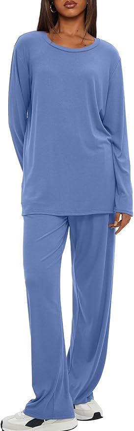 Darong Women's 2 Piece Lounge Set Casual Long Sleeve Crew Neck Tops Wide Leg Pants Travel Airport Outfit Matching Sets