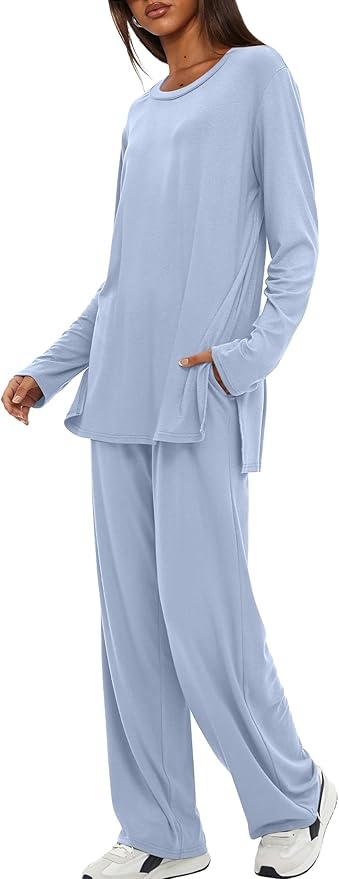 Darong Women's 2 Piece Lounge Set Casual Long Sleeve Crew Neck Tops Wide Leg Pants Travel Airport Outfit Matching Sets