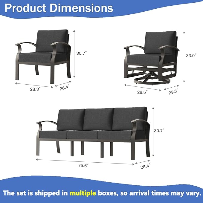 RTDTD Aluminum Outdoor Patio Furniture Set,5 Pieces 7 Seats Patio Conversation Sets with 2 Swivel Rocking Chairs,Metal Patio Sectional Furniture Set with 5.1" Thickened Cushions,Black