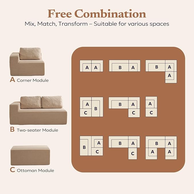 Furnify 40" Single Sofa for Adults, Upholstered Floor Sofa Couch with Pillow, Teddy Boucle Sofa for Bedroom Living Room, No Assembly Required (Teddy Boucle, Camel)