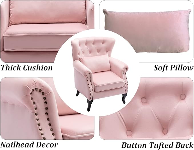 DM Furniture Mid Century Accent Chair for Living Room, Velvet Button Tufted Armchair Wingback Club Chair Single Sofa Lounge Chair with Pillow for Reception/Bedroom, Pink