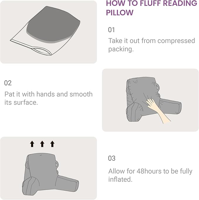 Unisakey Portable Comfy Reading Pillows for Bed Sitting Up(Lavender Purple Oeko-Tex), Velvet Back Pillow with Arms & Pockets for Adults, Support Memory Foam Bed Pillow for Dorm/Reading/Watching/Gaming