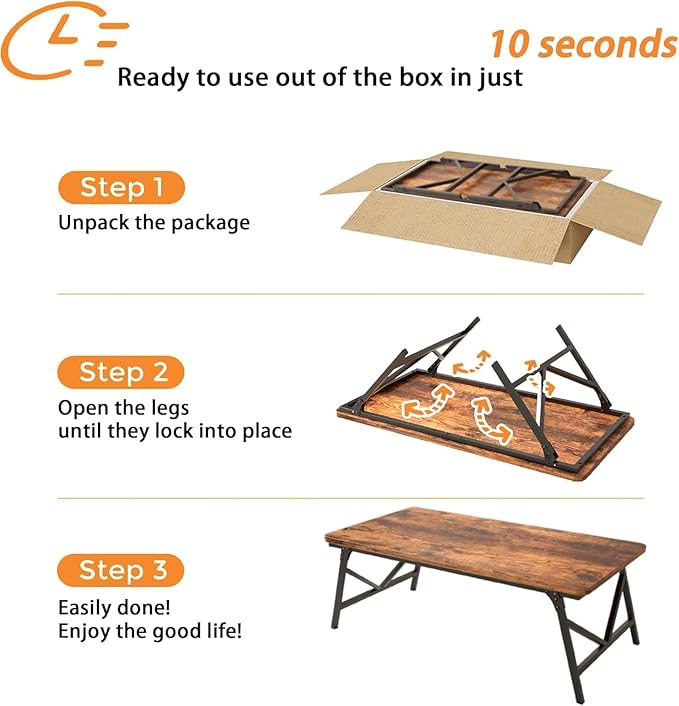 Folding Coffee Table, Leg Latches Portable Sturdy Floor Table, No Assembly Low Coffee Table for Living Room, Home, Office, Rustic Brown, Caravan and Outdoor use,31.5L‘ x 15.8W’ x 15.8H’