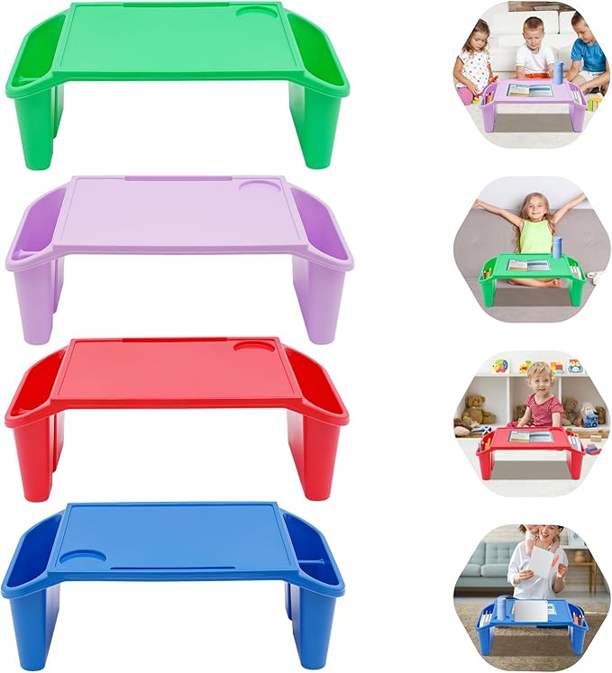 4 Pack Kids Lap Desk Tray with Storage Slots, Portable Lap Desk, Activity Tray, Plastic Breakfast Laptop Trays, Drawing, Stackable, Writing, Eating, Classroom, 21.65" L x 11.8" W x 8.46" H