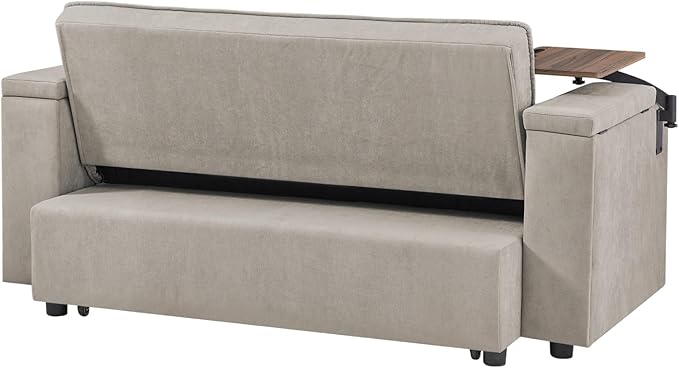 oaaktu Large Size Convertible Sleeper Sofa Bed,Polka dot Velvet Pull Out Futon Couch with Storage handrails & Rotating Side Tables,Convertible Sofa Couch for Living Room,RV (Khaki)