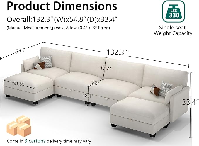 Modular Sectional U Shaped Sofa Couches for Living Room, Cloud Couch with Storage Ottoman, Comfy Chenille Sofa with Pillow, Beige