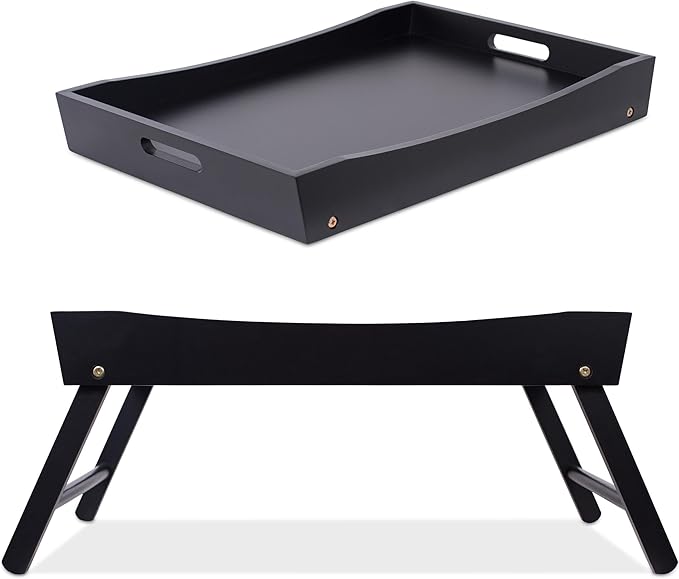 BIRDROCK HOME Wood Bed Tray for Eating | TV Tray with Folding Legs | Wide Breakfast Serving Lap Desk with Sides & Handles | Laptop Table | Foldable Study Writing Table | Adjustable Food Tray | Black