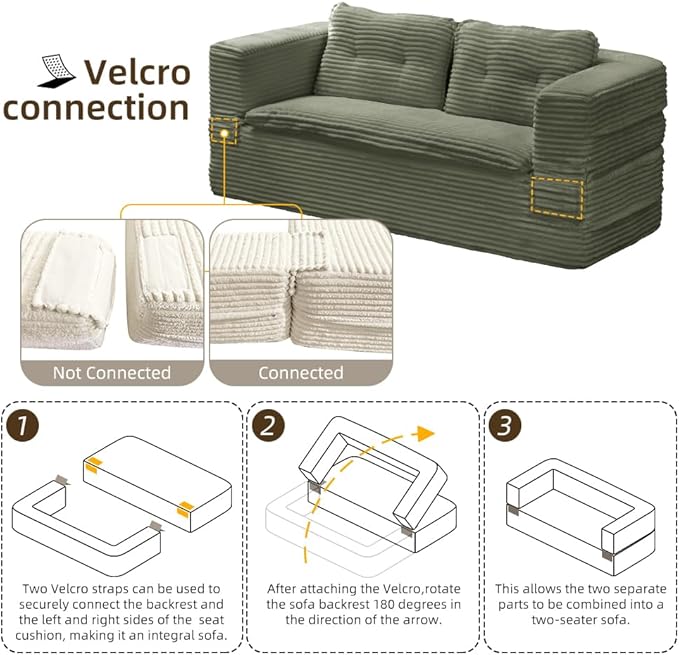 80" Foldable Floor Couch, 3-Seat Convertible Sleeper Sofa with Chaise Lounge, Blanket and 3 Soft Pillows, Corduroy Fabric, for Living Room, Bedroom, Apartment, No Assembly Required, Green