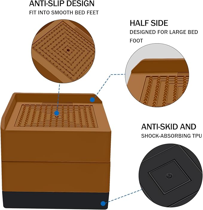 ANNKUT Bed Furniture Risers 3 inch, Square Adjustable Risers Blocks for Bed Sofa Table and Couch Lift to 1.5 or 3 inch，Heavy Duty Support Up to 1,300 Lbs (4 Pack-Brown)