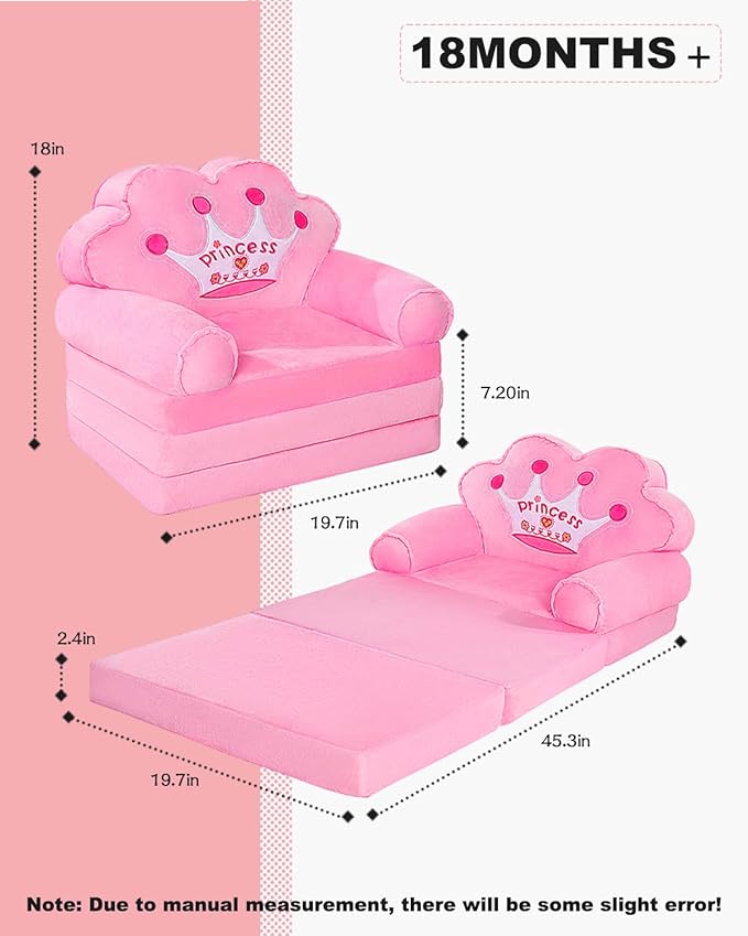 MOONBEEKI Kids Couch Fold Out, Foldable Princess Chair for Toddlers 1-3, Kids Furniture for Playroom, Gift for Birthday Christmas and Halloween（Pink）