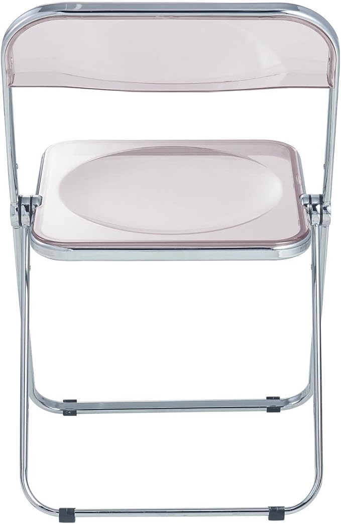 LeisureMod Lawrence Modern Clear Acrylic Folding Chair with Metal Frame, Space-Saving Transparent Seating for Dining Room, Home Office, Bedroom, Vanity or Small Spaces, (Rose Pink, Set of 4)