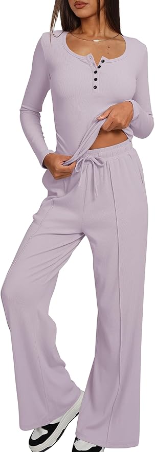 Darong Womens 2 Piece Matching Lounge Sets 2026 Long Sleeve Henley Shirts Wide Leg Pants Airport Travel Outfits