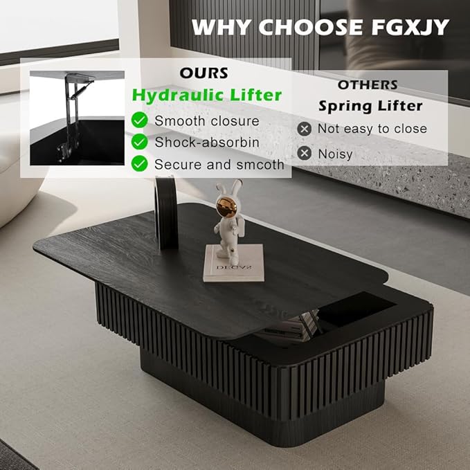 FGXJY Lift Top Coffee Table with Storage, Solid Wood Coffee Table with Adjustable Height, Fluted Center Table Accent Tea Table for Living Room, Apartment, Office (38.6" Black)