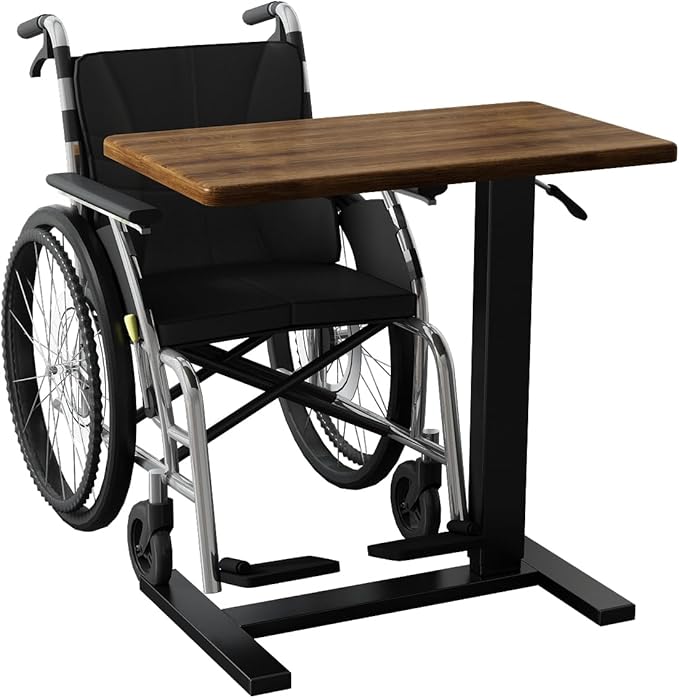 Overbed Bedside Table with Wheels Adjustable Hospital & Home Use Bed Table Rolling Movable Laptop Mobile Standing Desk Pneumatic Computer Cart Waterproof L-Shaped Steel Base Tray Tables,Brown