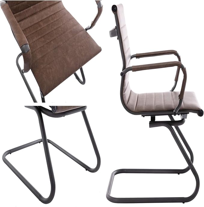DM Furniture Office Desk Chair No Wheels Set of 6 PU Leather Computer Chairs Mid Back Guest Chairs for School Reception Conference Waiting Room, Vintage Brown