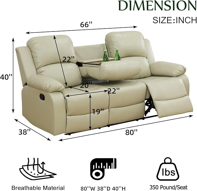Caberryne Leather Recliner Sofa，Reclining Sofa for Living Room Furniture Sets，Beige Wall Hugger Recliner Couch with Cupholder for Living Room/Office/Theater Seating(3 Seater Sofa)