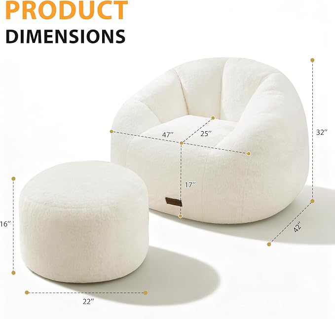 HABUTWAY Bean Bag Chair, Oversized Shell-Shaped Bean Bag Couch with Ottoman, Giant Beanbag Chair for Adults and Kids, Comfy Bean Bag Sofa & Footstool, Large Floor Sofa for Living Room Bedroom, Beige