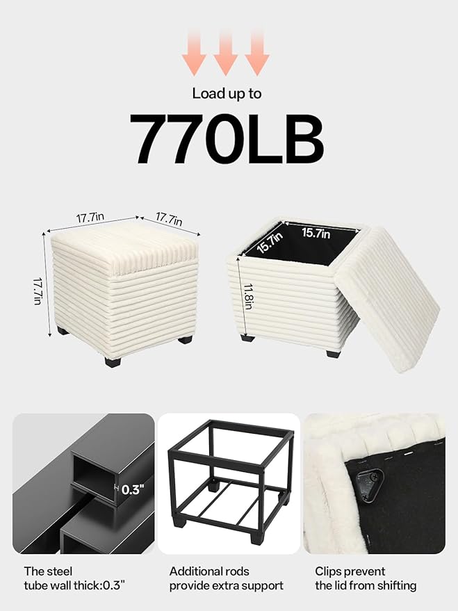 ABHENG 17.7 inches Faux Fur Ottomans Cube with Storage, Metal Framed Vanity Stool Chair Storage Ottoman Foot Rest Stool, Holds 770 LB for Dorm Living Room Bedroom White UASND644W
