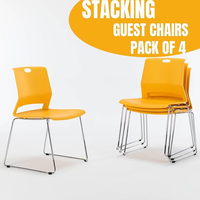 Waiting Room Pack of 4 Plastic Chairs for Office Guest & Reception, Stacking for Meeting Room, Office Lobby, Yellow