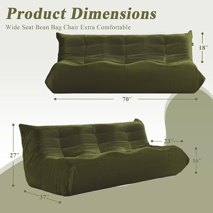 Bean Bag Chair, 3 Seater Fireside Chair Large Bean Bag Sofa for Adults, Memory Foam Chair Gaming Chairs with Comfy Design & Soft Fabric, Lazy Floor Sofa for Living Room, Bedroom, Olive Green