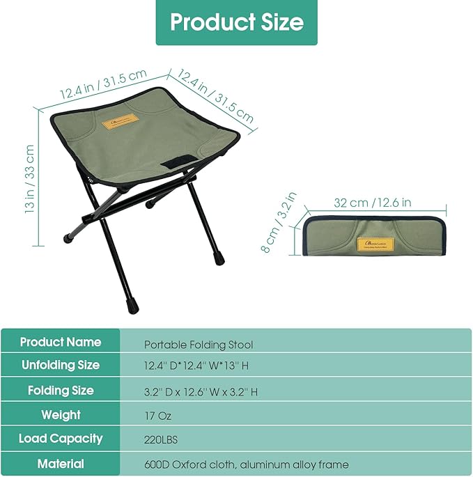 MOON LENCE Collapsible Stool, Compact Folding Stool with Storage Bag, Lightweight Camping Stool Small Portable Seat for Camping, Hiking, Fishing, Gardening, Outdoor Green