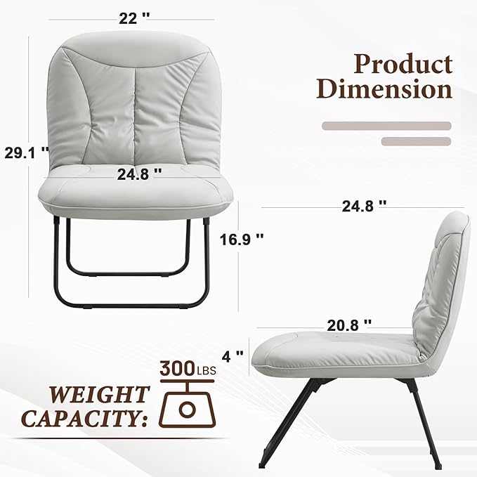 Furniliving 3 in 1 Folding Chair Foldable Floor Chair for Reading, Lounging & Gaming, Portable Camping Chair with Metal Frame Comfy Accent Chair Reading Chair for Indoor, Living Room, PU (Grey)