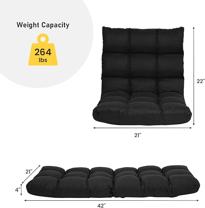 COSTWAY Floor Chair, Folding Gaming Chair with Back Support, 14 Adjustable Positions, Alloy Steel Frame, Lazy Sofa Lounge for Playing Reading Meditating Room Recliner for Adults, Kids (Black)