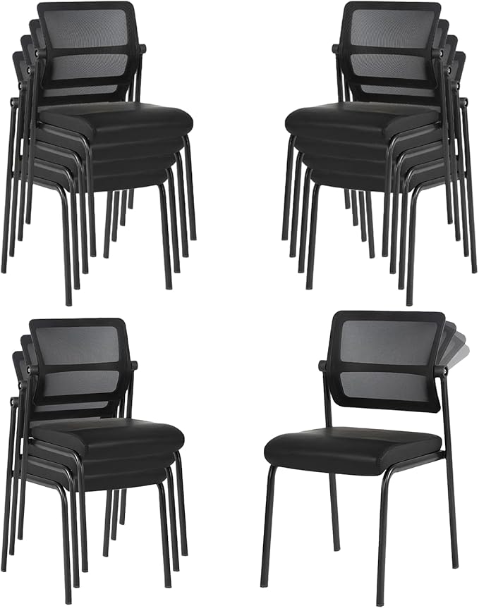 CLATINA 12PK Mesh Stacking Office Desk Chairs, Portable Stackable Bulk Waiting Room Armless Chair with Adjustable Back & Leather Seat for Guest Lobby Side School Church Conference Break, Black