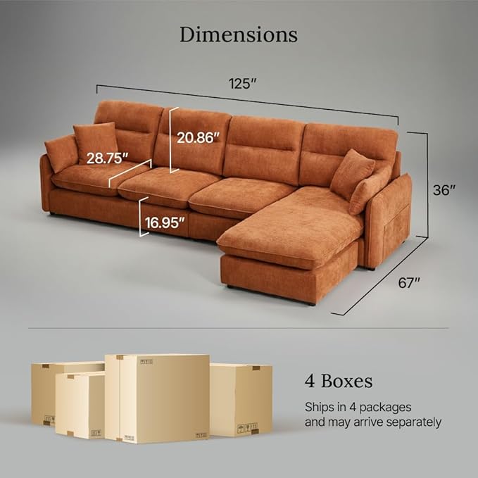 125" L-Shaped Sectional Sofa with Soft Cushion, Cloud-Style Deep Seat Couch for Living Room, for Apartment & Family Room - Modern Oversized, Orange - EDENLAND Signature