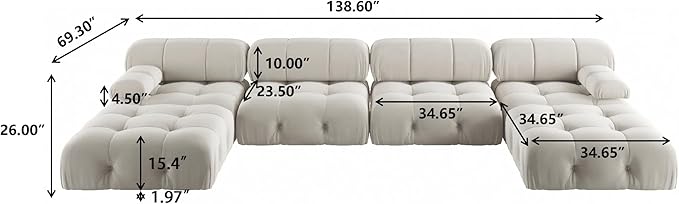 JACH U-Shaped Sectional Couch, 138'' Modern Deep 4-Seat Couches, Minimalist Teddy Velvet Sectional Sofas with Chaise Ottomans, Convertible Modular Sleeper Sofa for Living Room Apartment (Beige)