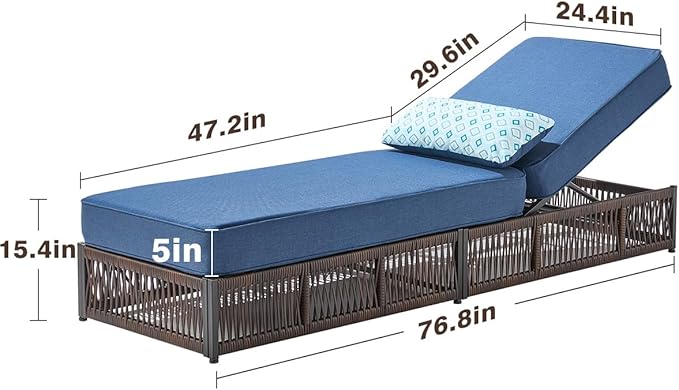 ACTREST Luxury Outdoor Chaise Lounge with 5 Inch Thickened Cushions - 1 Set High Back Brown Wicker Patio Recliners Rattan Reclining Chairs Porch Poolside Pool Sunbathing Lounger - Navy Blue