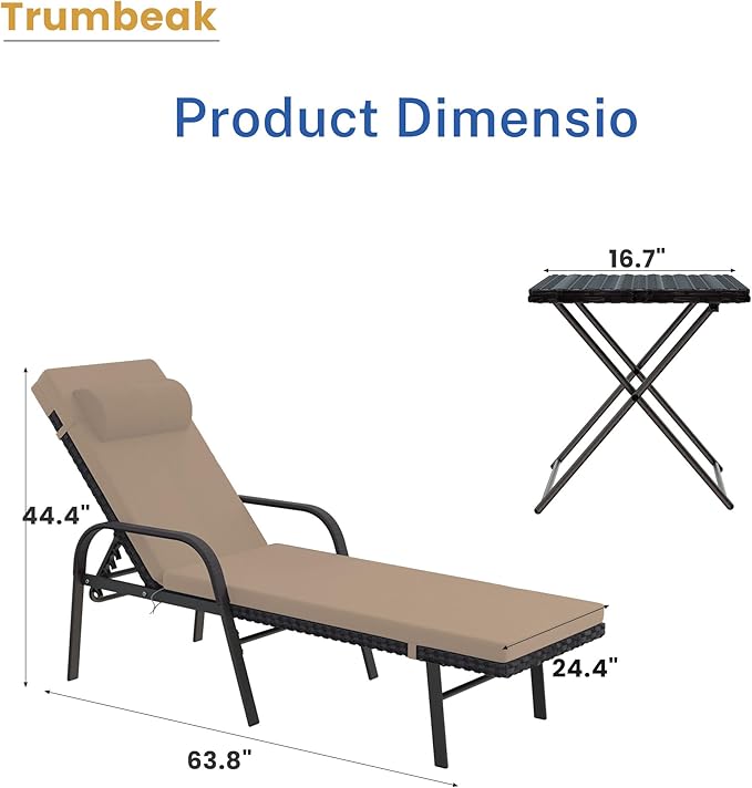 Trumbeak Patio Chaise Lounge Set 3 Pieces Pool Lounge Chairs,Cushioned Outdoor Folding Lounge Chair w/Arm and Rattan Adjustable Backrest for Poolside Porch,Folding Table Included,Sand