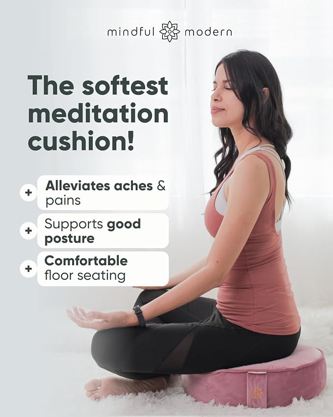 Mindful Modern Velvet Meditation Cushion | Luxe Zafu Yoga Floor Pillow Seat | Posture Support | Buckwheat Hull Filled | Large Round Cushion with Removable Washable Cover + Carry Handle