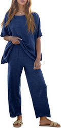 Tankaneo Women's 2 Piece Travel Outfits Casual Short Sleeve Knit Sweater Set Wide Leg Pants Lounge Sets Tracksuit