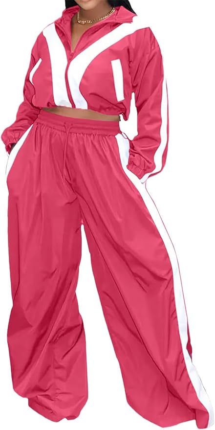 Women Striped 2 Piece Outfits Fall Workout Sets Windbreaker Tracksuit Crop Jacket Wide Leg Pants with Pockets