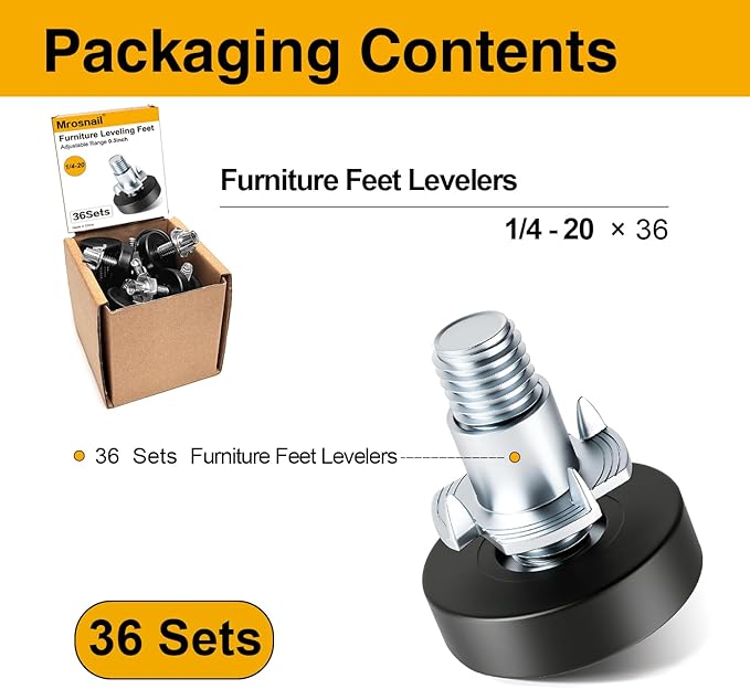Mrosnail 36Pcs 1/4"-20 Adjustable Furniture Levelers, Leveling Feet Screw-in Chair With T-Nuts, Table Chair Leveler Glide for Furniture Leg Cupboard