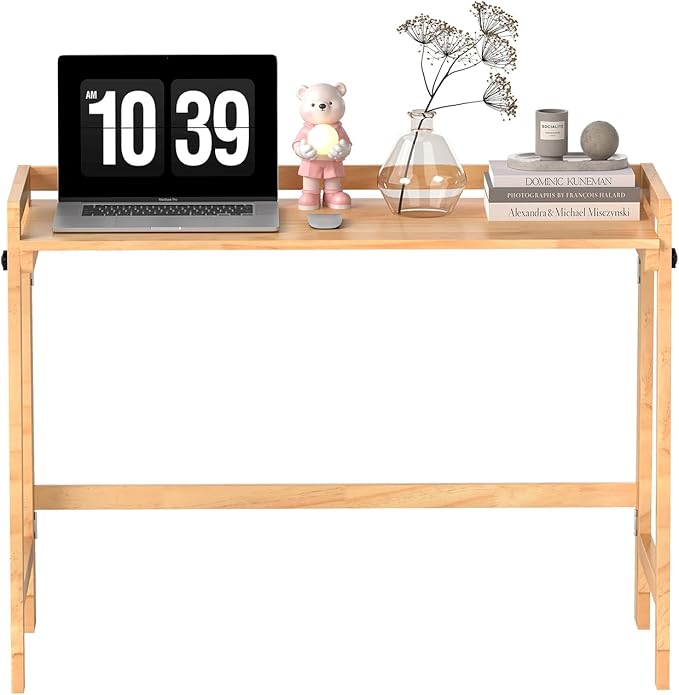 39" Solid Wood Folding Desk - Mid Century Modern Compact Workstation for Small Spaces, Home Office Computer Writing Study Desk with Natural Wood Finish