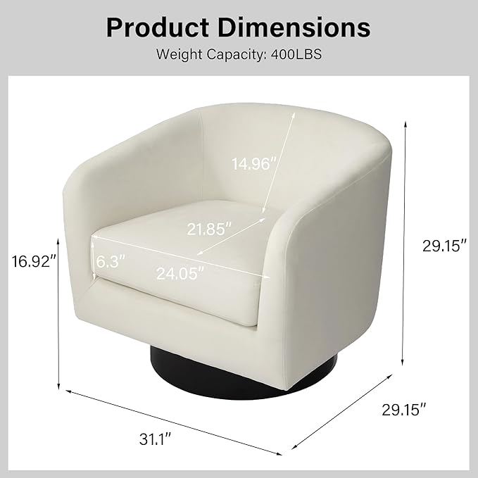 Swivel Barrel Chair, Modern Round PU Leather Accent Armchair for Living Room, Bedroom, Oversized Comfy Club Reading Chairs for Adults (Velvet Ivory, Set of 2)