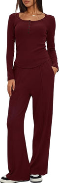 Darong Womens 2 Piece Matching Lounge Sets 2026 Long Sleeve Henley Shirts Wide Leg Pants Airport Travel Outfits