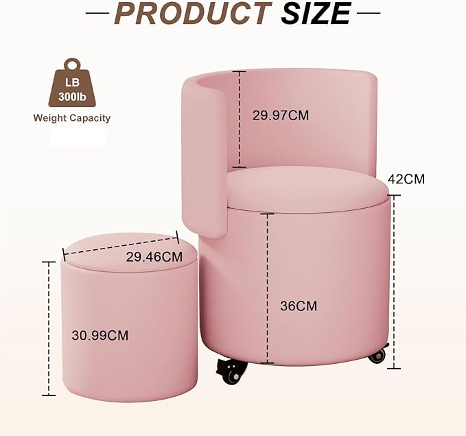 Rolling Round Vanity Chair with Storage, Swivel Makeup Chair with Folding Back, PU Leather Small Upholstered Ottoman for Bedroom Living Room