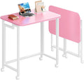 4NM 23.6" Mobile Small Rolling Computer Desk, Folding Laptop Cart Table with Wheels, Portable Office Desk for Small Space Couch Bed - Pink and White