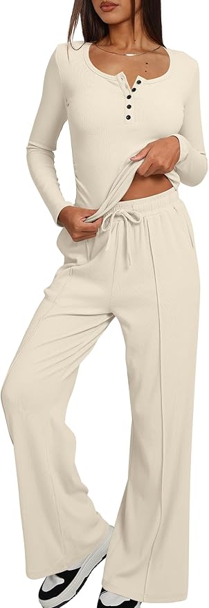 Darong Womens 2 Piece Matching Lounge Sets 2026 Long Sleeve Henley Shirts Wide Leg Pants Airport Travel Outfits