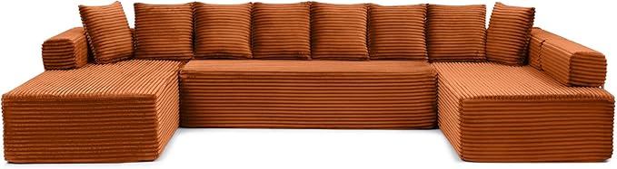 145" Oversized Cloud Boneless Sectional Sofa with Chaise, Corduroy U Shaped Modular Couch with Deep Seat, Fixed Frame Comfy Corner Sofa, No Assembly Required (Orange)