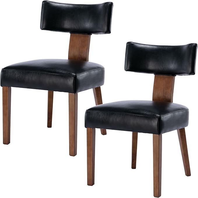 RIVOVA Mid Century Modern Dining Chairs Set of 2 PU Leather Upholstered Side Chairs, Modern Kitchen Armless Parson Chairs Solid Wood Dining Chairs, Black