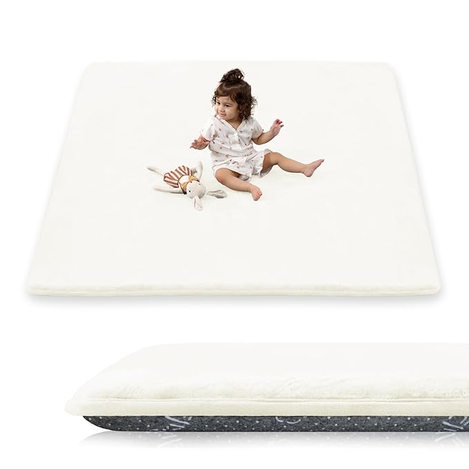 PaPaMat 1.5" Thick Baby Play Mat for Floor, 50x50 Playpen Mat, Pro Soft Flannel Foam Mats Toddler Infant Kids Crawling for Nursery Rug Playroom Living Room Waterproof Easy Care Non-Slip (Cream)