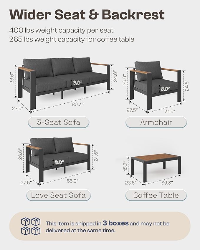 Oasbira Aluminum Outdoor Patio Furniture Armchair, All-Weather Outdoor Patio Sofa with Washable Thick Cushion, Patio Sofa Couch Set of 2 for Porch, Balcony, Deck, Yard, Graphite