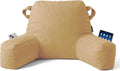 Unisakey Portable Comfy Reading Pillows for Bed Sitting Up(Camel Oeko-Tex), Velvet Back Pillow with Arms & Pockets for Adults, Support Memory Foam Bed Pillow for Dorm/Reading/Watching/Gaming