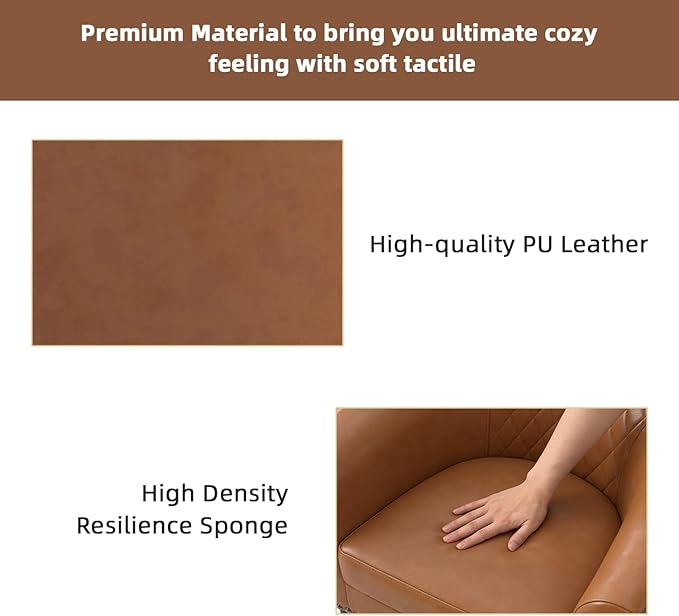 INZOY Modern Accent Chair with Ottoman for Small Space, Club Chair with Ottoman Set, Comfy PU Leather Barrel Reading Chairs for Living Room Bedroom, Round Reading Chair with Foot Rest, Light Brown