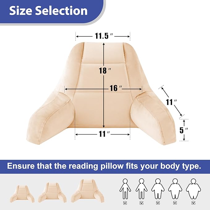 IASEAHK Reading Pillows for Sitting in Bed Adult, Back Pillow for Bed Sitting Up, Backrest Pillows with Shredded Foam for Adult&Teens, Support Pillow with Arms for Beds, Couch, Floor, 18in, Beige